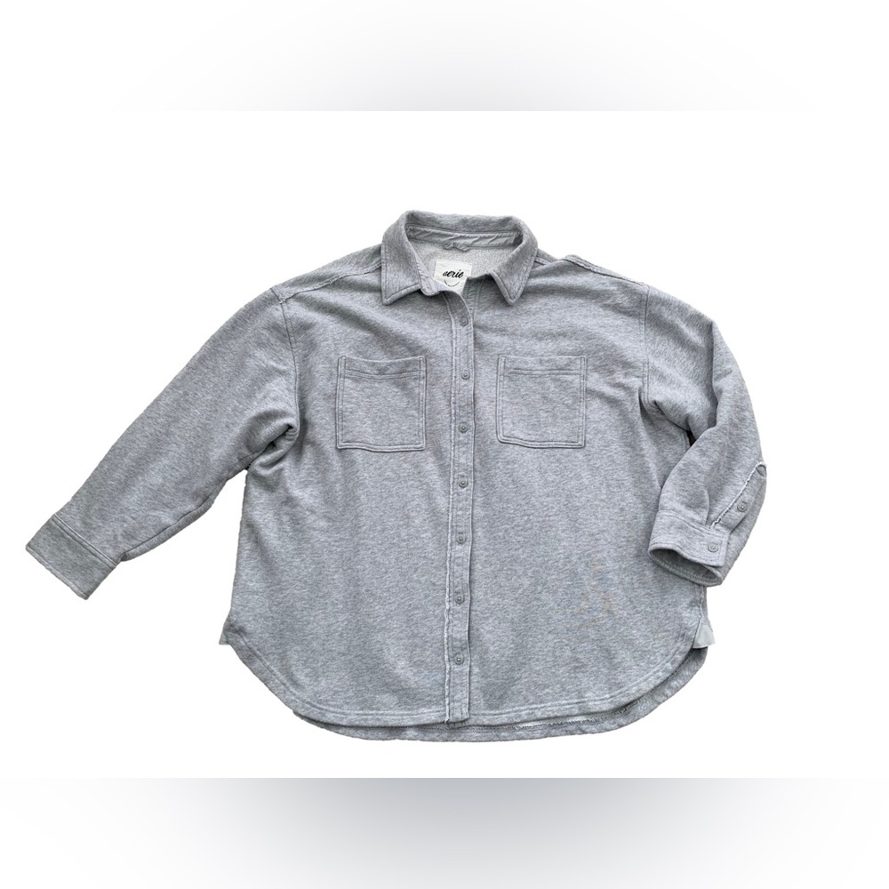 Aerie Women's Size Medium Grey Fleece Oversized Lumber Jane Button Down Shacket